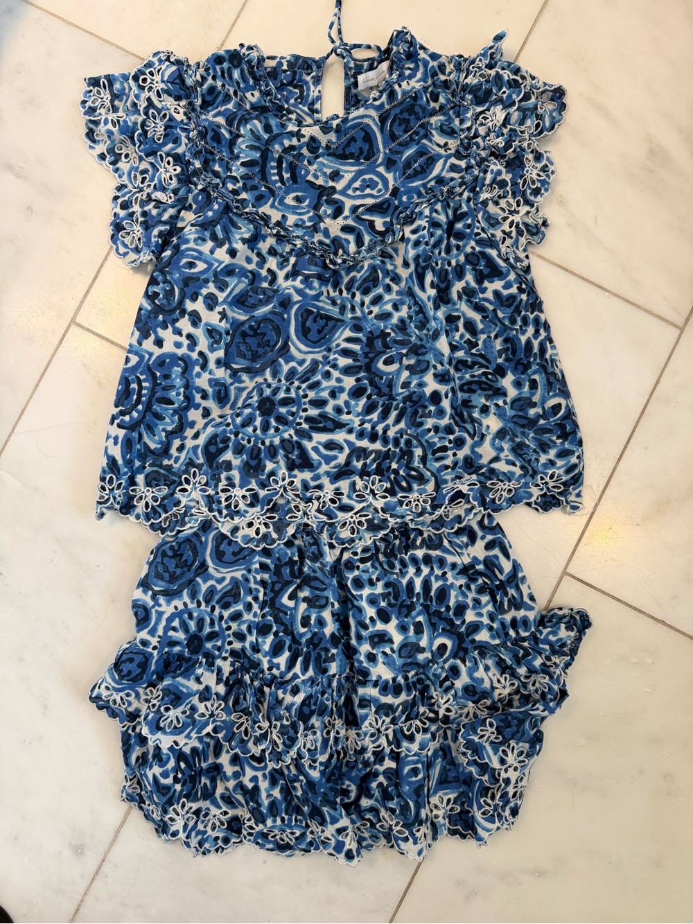 Harlow Blue Floral Eyelet-Trim Two-Piece Skirt Set